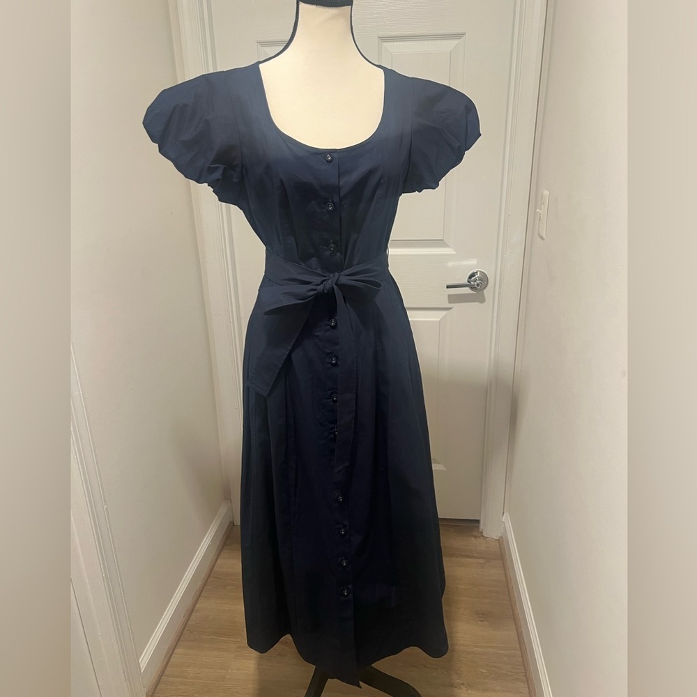 $375 Elie Tahari Navy Blue Button Front Midi Dress Tie Waist Puff Sleeve Size 8